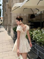 Đầm Nữ FIELIN Hoa Nhí Tay Phồng Dáng Ngắn Phối Bèo Nữ Tính GOÛT DE JUN
