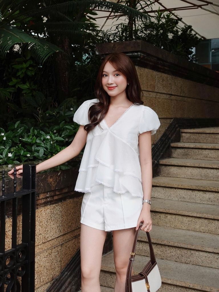 Áo Kiểu Nữ BESROL Tay Bồng Cổ V Xếp Tầng Form Babydoll  GOÛT DE JUN