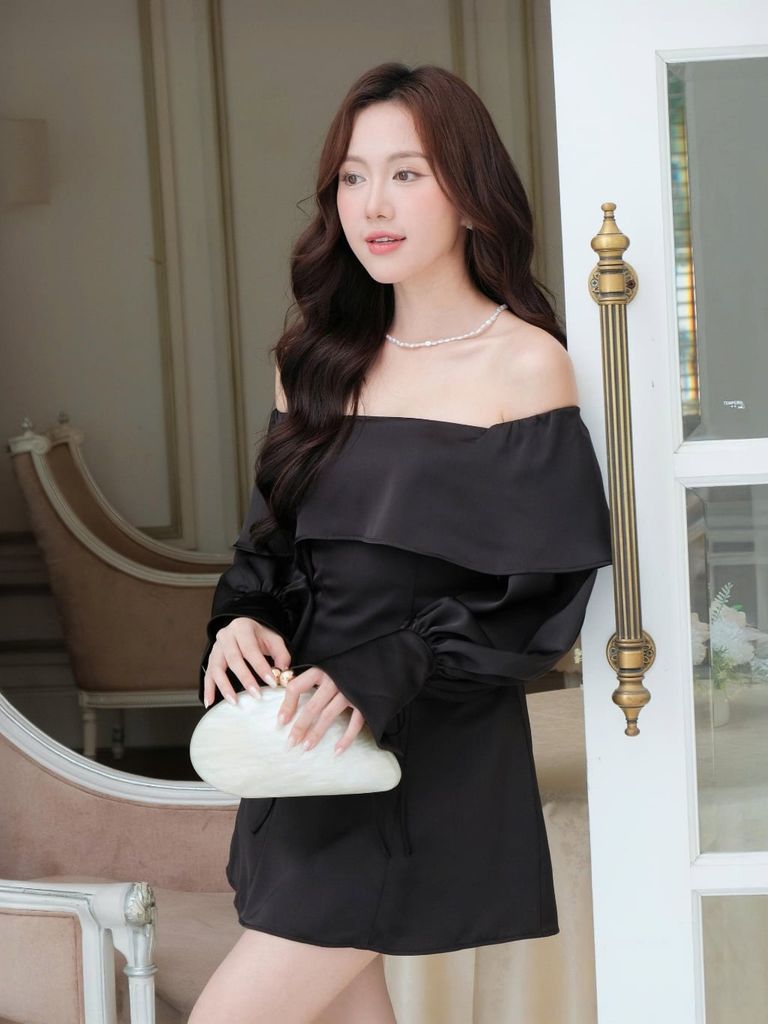 Đầm Lụa Nữ FINSSA Trễ Vai Tay Dài Form Ngắn Nữ Tính GOÛT DE JUN