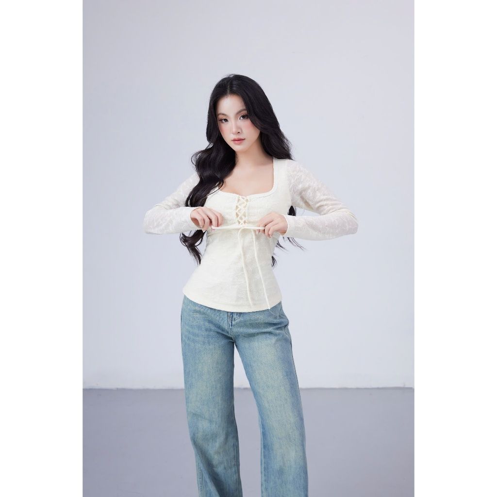 Áo Nữ Tay Dài Cổ Vuông Thắt Ngực Nữ Tính - JUGEN TOP - GOÛT DE JUN