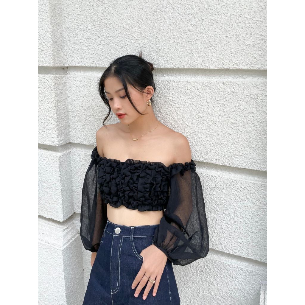 GOÛT DE JUN - Áo Croptop Voan Tay Phồng Trễ Vai - LILY TOP
