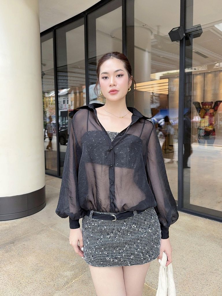 Đầm Nữ JASPER Đi Tiệc Cổ Sơ Mi Xuyên Thấu Phối Ren Lưới Sexy GOÛT DE JUN