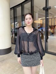 Đầm Nữ JASPER Đi Tiệc Cổ Sơ Mi Xuyên Thấu Phối Ren Lưới Sexy GOÛT DE JUN