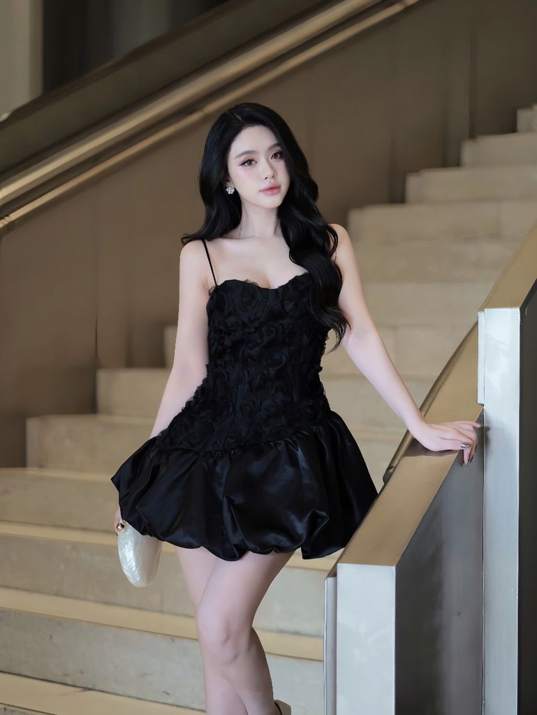 Đầm Nữ FORIAH Đi Tiệc Hai Dây Dáng Bí Phối Ren Hoa Nữ Tính  GOÛT DE JUN