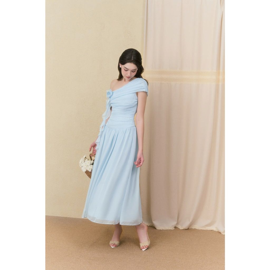 Đầm Nữ DIFAL DRESS Lệch Vai Đính Hoa Nổi Form Dài Dự Tiệc GOUT DE JUN