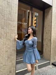 Đầm Nữ HEVAL Tay Dài Cổ V Form Ngắn Xòe Dễ Thương GOÛT DE JUN