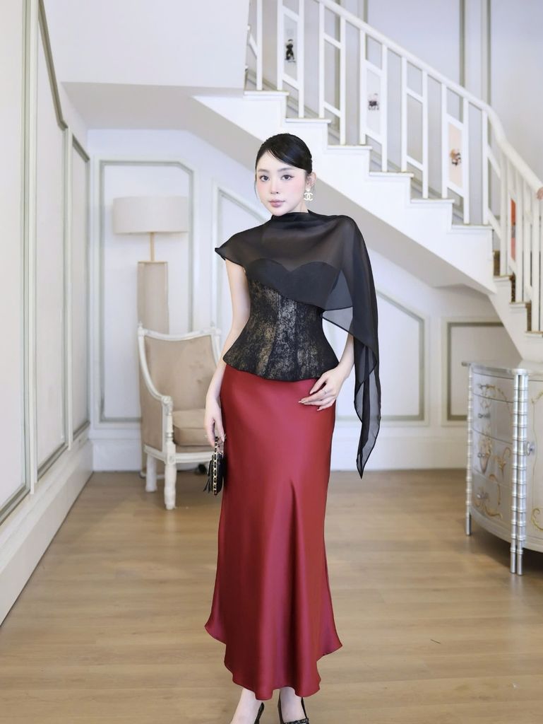 Áo Kiểu Nữ CERIDW TOP Form Corset Chất Da Tôn Dáng Phối Khăn Voan Sang Chảnh GOUT DE JUN