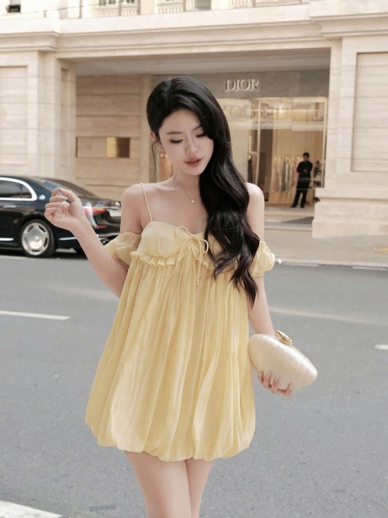 GOUT DE JUN Váy Trễ Vai Hai Dây Buộc Nơ Ngực BRIGA Đầm Hai Dây Ngắn Form Bí Phồng FGDA2602075