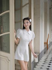 Bộ Jumps Nữ THIRASY Cổ Sơmi Dáng Ngắn Đính Cúc Tay Bồng Tiểu Thư GOÛT DE JUN