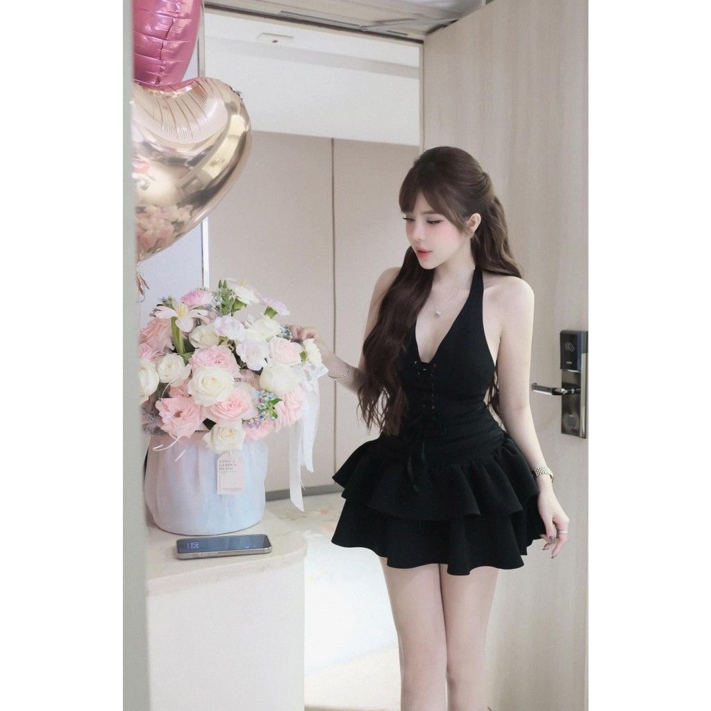 Đầm Nữ Dự Tiệc Cổ Yếm Đan Dây Ngực Form Xoè Tầng Hở Lưng - STACY DRESS - GOÛT DE JUN