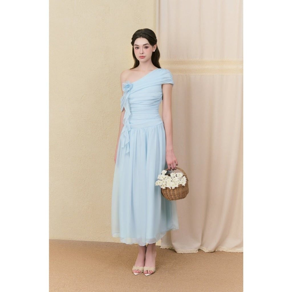Đầm Nữ DIFAL DRESS Lệch Vai Đính Hoa Nổi Form Dài Dự Tiệc GOUT DE JUN