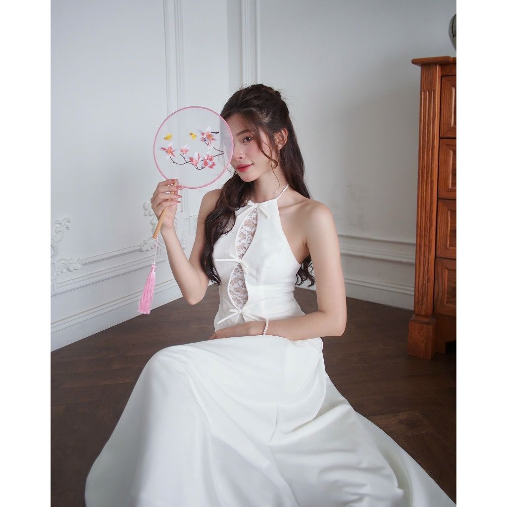 Set Áo Yếm Nữ Phối Ren Nơ Và Chân Váy Dài Xếp Ly Sexy  (bán lẻ) -  JEANA SET - GOÛT DE JUN