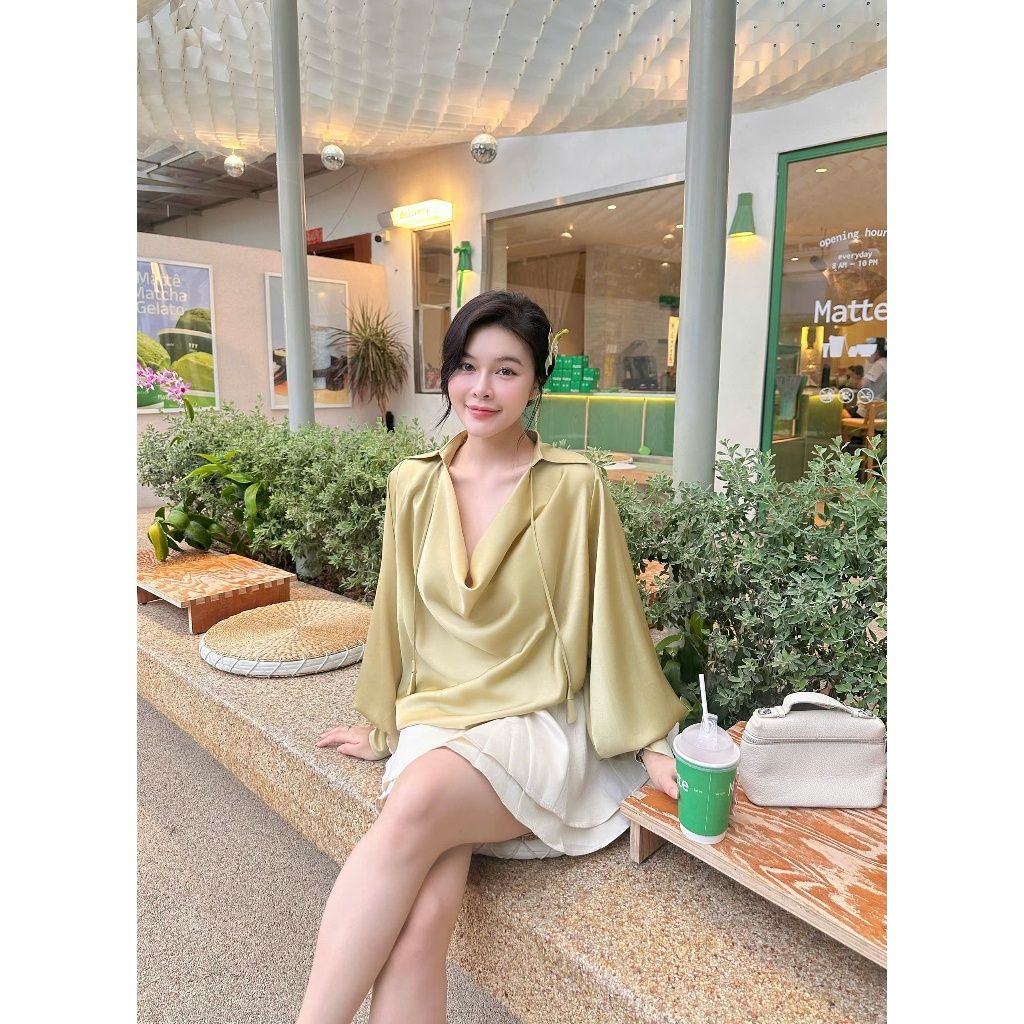 Áo Sơmi Nữ Lụa Tay Phồng Dài Cổ Đổ Freesize Công Sở Thanh Lịch - VANDA TOP -  GOÛT DE JUN