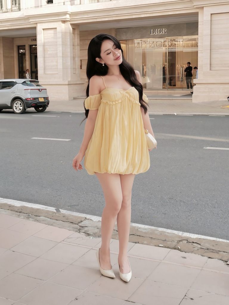 GOUT DE JUN Váy Trễ Vai Hai Dây Buộc Nơ Ngực BRIGA Đầm Hai Dây Ngắn Form Bí Phồng FGDA2602075