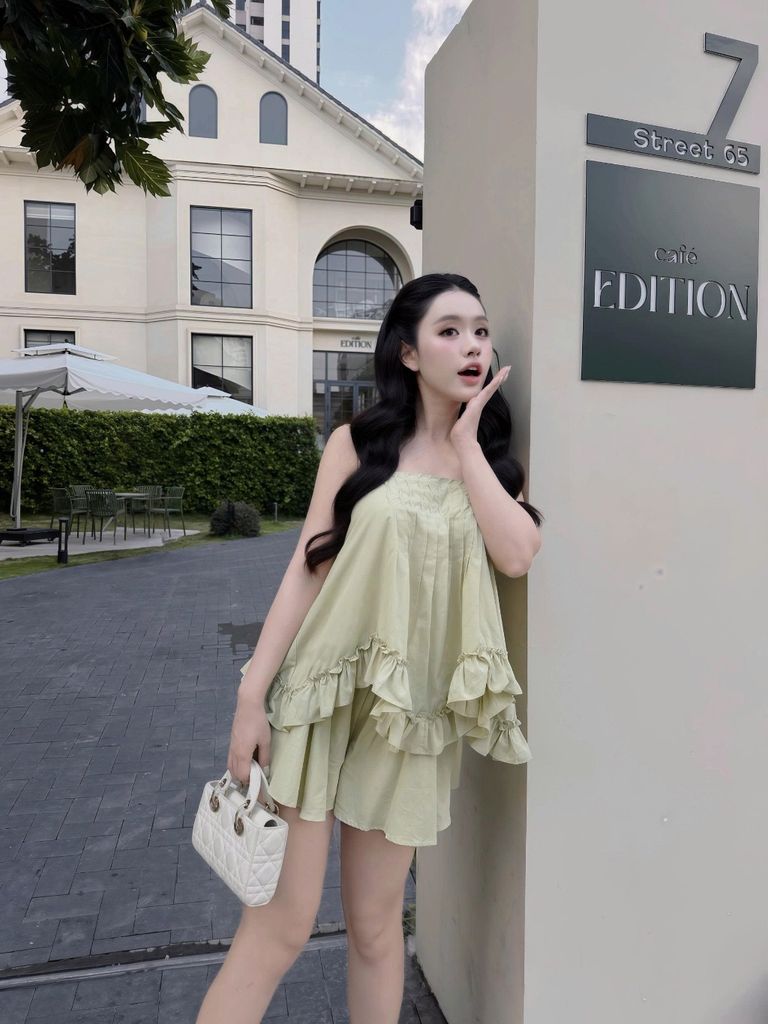 (Bán Lẻ) Set Nữ Mùa Hè LAWRO Áo Hai Dây Phối Bèo Và Quần Ngắn Xòe Dễ Thương GOÛT DE JUN