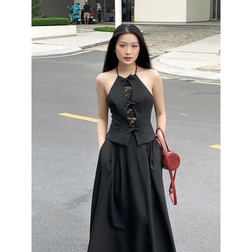 Set Áo Yếm Nữ Phối Ren Nơ Và Chân Váy Dài Xếp Ly Sexy  (bán lẻ) -  JEANA SET - GOÛT DE JUN