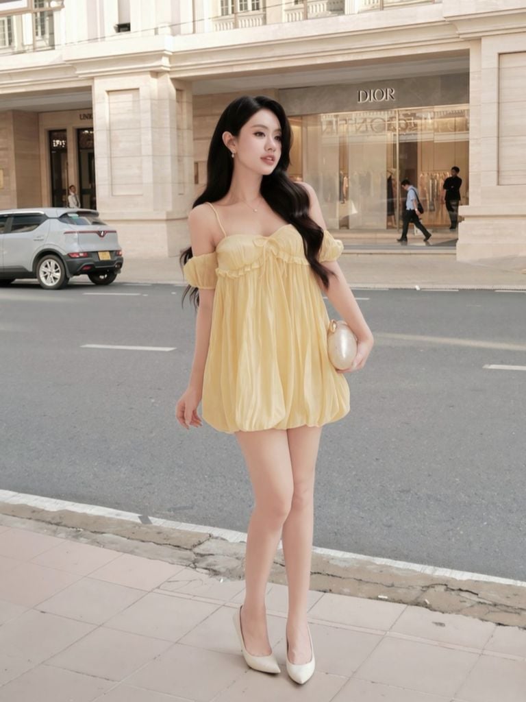 GOUT DE JUN Váy Trễ Vai Hai Dây Buộc Nơ Ngực BRIGA Đầm Hai Dây Ngắn Form Bí Phồng FGDA2602075