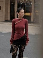 Áo Nữ TASHIG Tay Dài Phối Hoa Ôm Body Tà Lệch GOÛT DE JUN