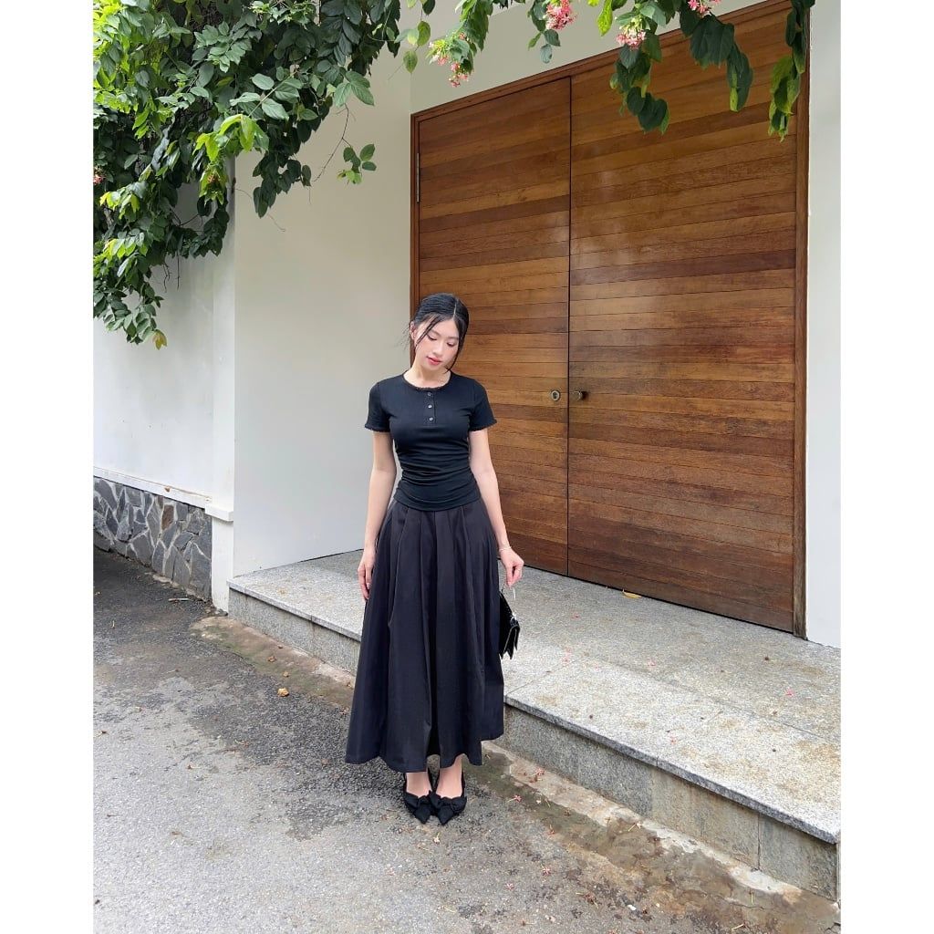 Áo Nữ  Tay Ngắn Basic Ôm Body Nhún Eo Phối Ren - LITHE TOP - GOÛT DE JUN