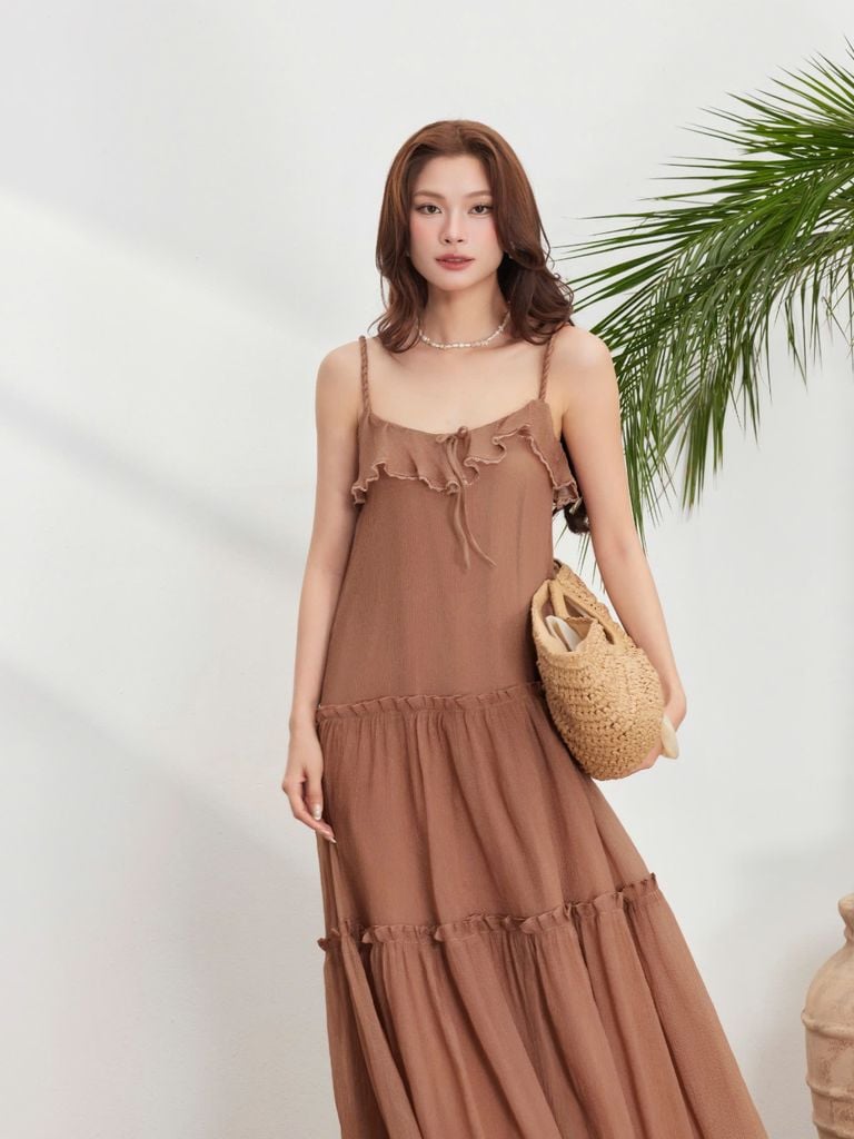Đầm Nữ KIDLAT Hai Dây Form Maxi Xòe Chất Tơ Mềm Phối Bèo Đi Biển, Dạo Phố GOUT DE JUN
