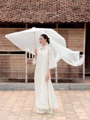 (Bán Lẻ) Set Áo Dài Nữ CÁT TƯỜNG Dáng Suông Vải Voan Thêu Hoa Cổ Cao Tay Lỡ Và Quần Lụa Dài Ống Rộng GOÛT DE JUN