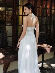 (Bán Lẻ) Set Nữ Mùa Hè POLKA Áo Cổ Đổ Dáng Yếm Hở Lưng Phối Chân Váy Xòe Dài GOÛT DE JUN