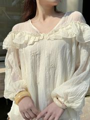 Áo Kiểu Nữ Babydoll SWETI Cổ V Bèo Tay Bồng Nữ Tính Dịu Dàng GOÛT DE JUN