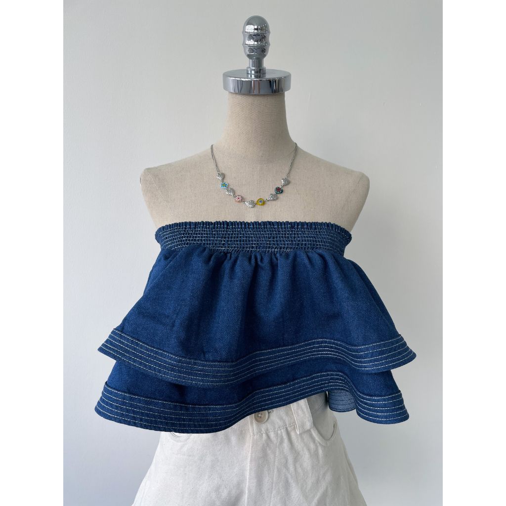 Áo ống form xoè xếp tầng cao cấp, Áo ống denim có kèm áo lót bra | SENSI TOP | Secodee