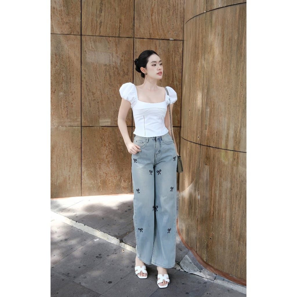 Quần Jeans Nữ Ống Rộng Thêu Nơ Thời Trang - HIDY JEAN - GOÛT DE JUN