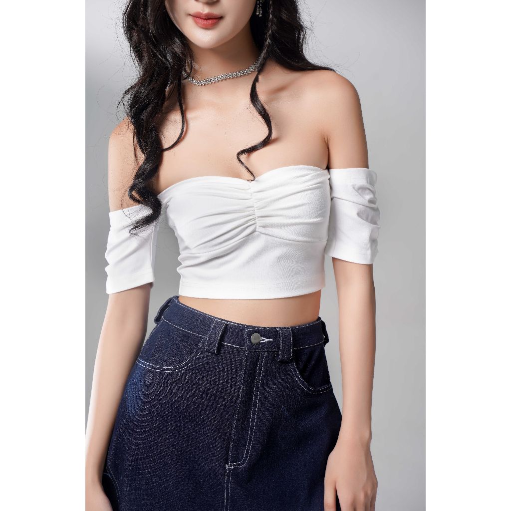 Áo Croptop Trễ Vai Nhún Ngực Trơn Phong Cách Gợi Cảm Cho Nữ - LALIL TOP - GOÛT DE JUN