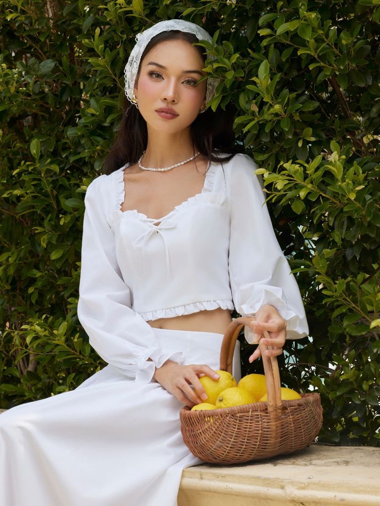 Set Áo Tay Dài Phồng Bèo Buộc Nơ Và Chân Váy DàI Xòe Trơn (bán lẻ) - KYRIE SET - GOÛT DE JUN