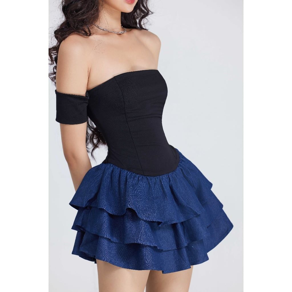 Đầm Nữ Trễ Vai Phối Denim Ba Tầng - KIYO DRESS - GOÛT DE JUN