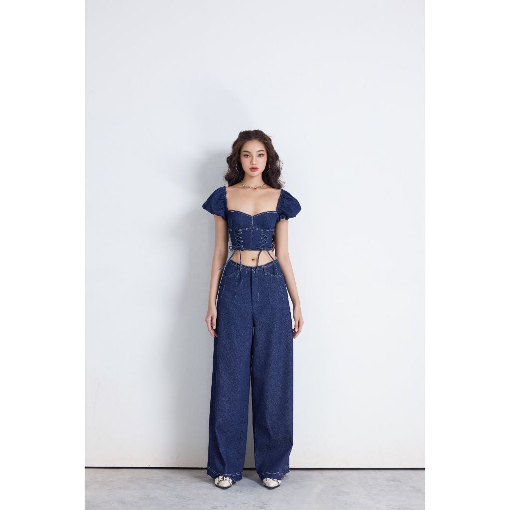 Quần Jeans Viền Chỉ Ống Rộng Lưng Cao Hack Dáng - NAVY PANTS - GOÛT DE JUN