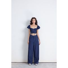 Quần Jeans Viền Chỉ Ống Rộng Lưng Cao Hack Dáng - NAVY PANTS - GOÛT DE JUN