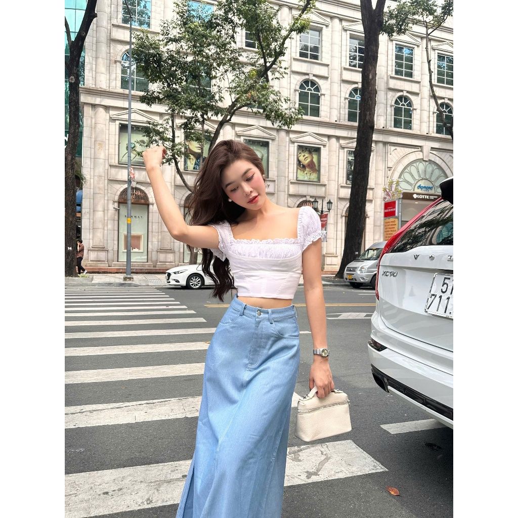 Áo Croptop Nữ Tay Phồng Phối Ren Nữ Tính - KAHIN TOP - GOÛT DE JUN
