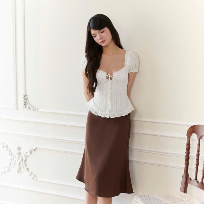 Gout De Jun Áo Kiểu Nữ Cổ Vuông Tay Phồng Dáng Corset NIYUN Áo Nữ Cột Nơ Thanh Lịch FGBA2607062