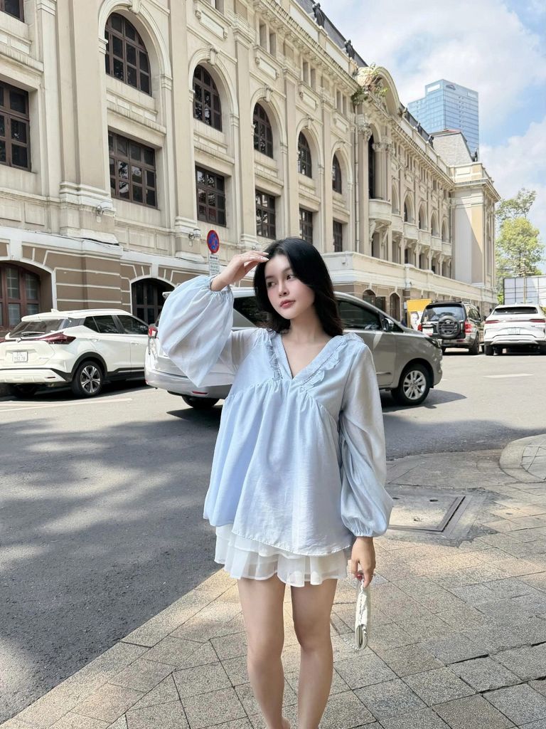 Áo Babydoll Nữ ERROPS Cổ V Phối Bèo Mùa Hè Dễ Thương GOÛT DE JUN
