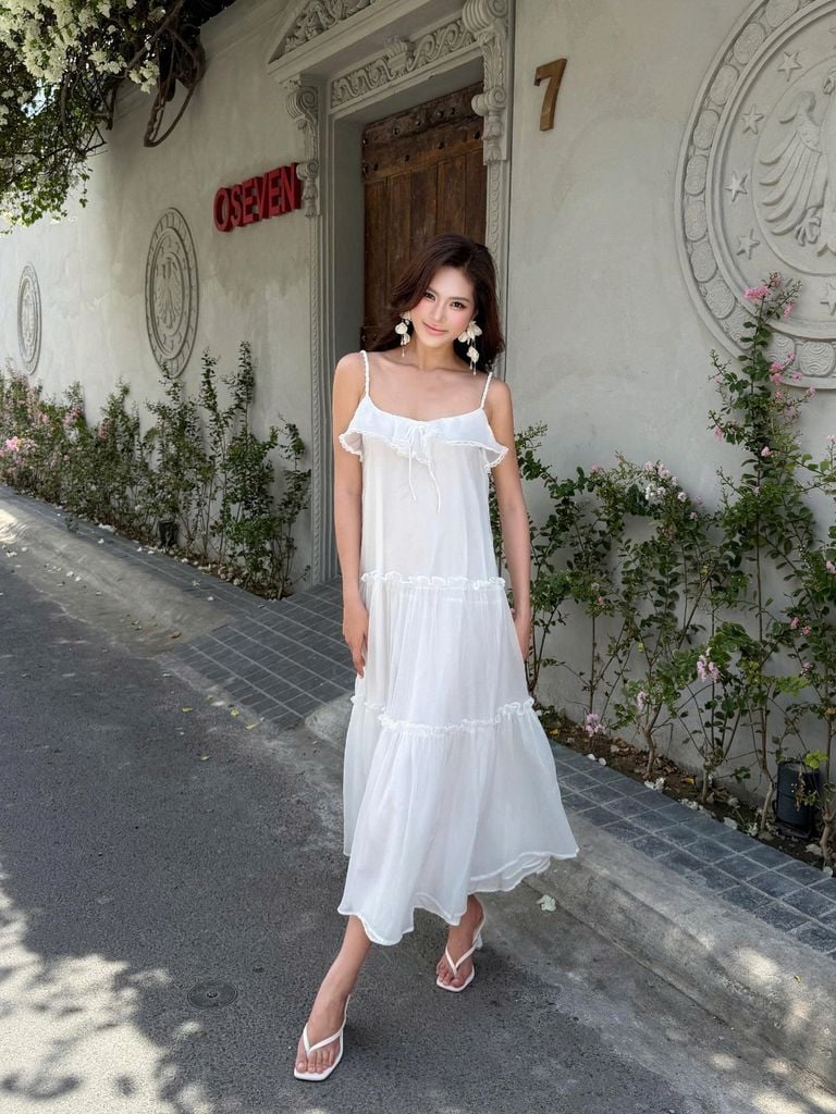 Đầm Nữ KIDLAT Hai Dây Form Maxi Xòe Chất Tơ Mềm Phối Bèo Đi Biển, Dạo Phố GOUT DE JUN