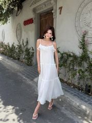 Đầm Nữ KIDLAT Hai Dây Form Maxi Xòe Chất Tơ Mềm Phối Bèo Đi Biển, Dạo Phố GOUT DE JUN