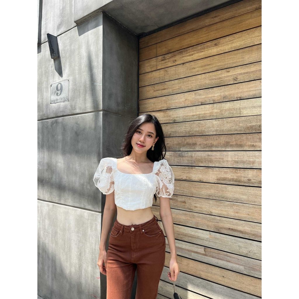 GOÛT DE JUN - Áo Croptop nữ tay phồng họa tiết hoa - Jiso Top
