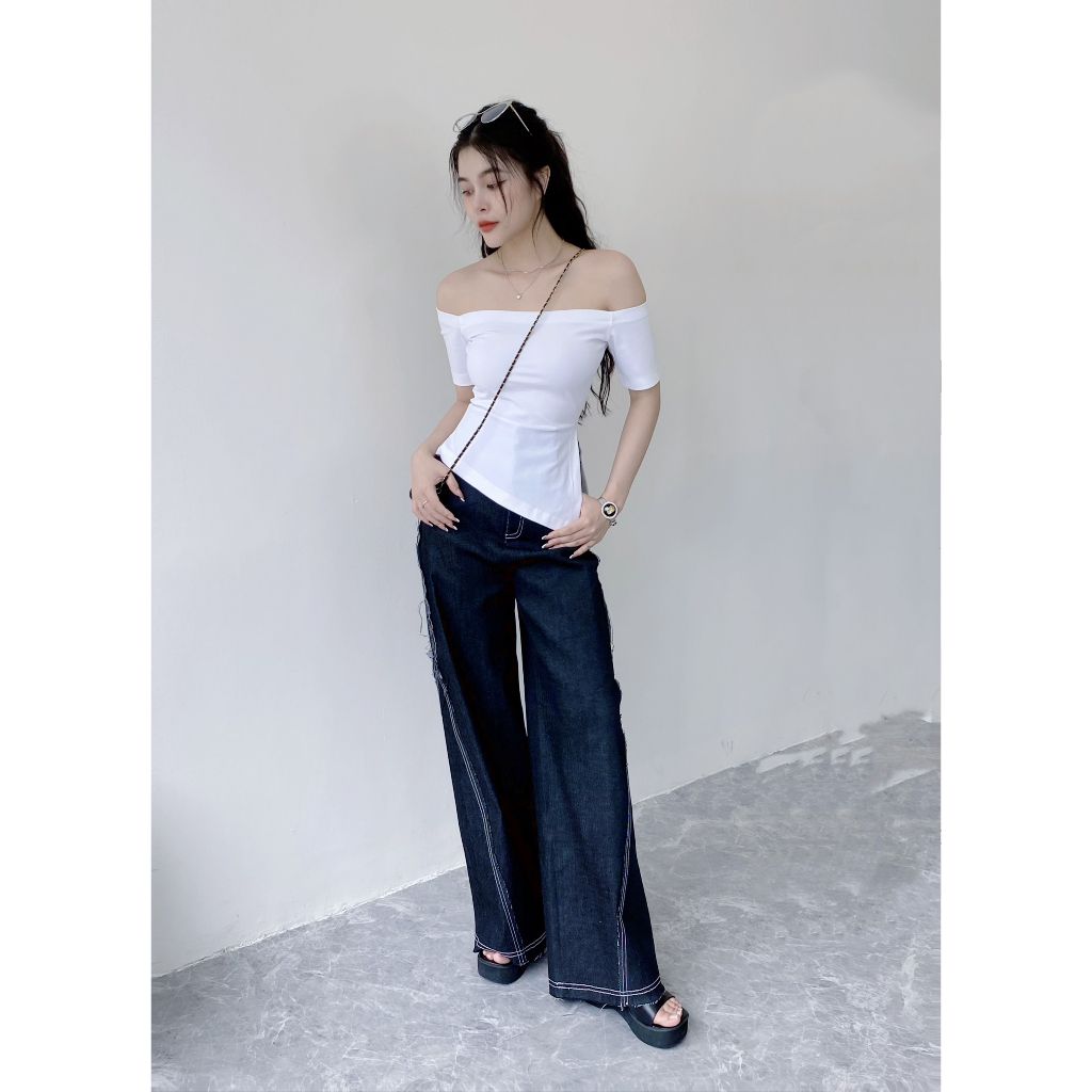 Quần Jeans Viền Chỉ Ống Rộng Lưng Cao Hack Dáng - HIMA PANTS - GOÛT DE JUN