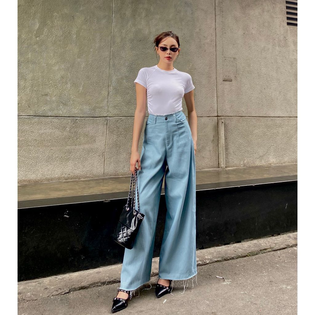Quần Jeans Viền Chỉ Ống Rộng Lưng Cao Hack Dáng - NAVY PANTS - GOÛT DE JUN
