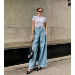 Quần Jeans Viền Chỉ Ống Rộng Lưng Cao Hack Dáng - NAVY PANTS - GOÛT DE JUN