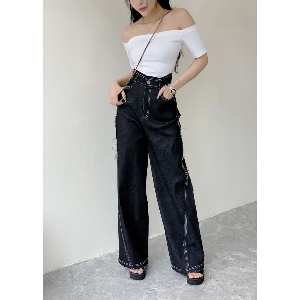Quần Jeans Viền Chỉ Ống Rộng Lưng Cao Hack Dáng - HIMA PANTS - GOÛT DE JUN