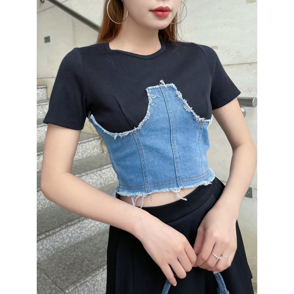 Áo Thun Croptop Phối Jeans Phong Cách Thời Trang Mùa Hè - Lapin Top - GOÛT DE JUN