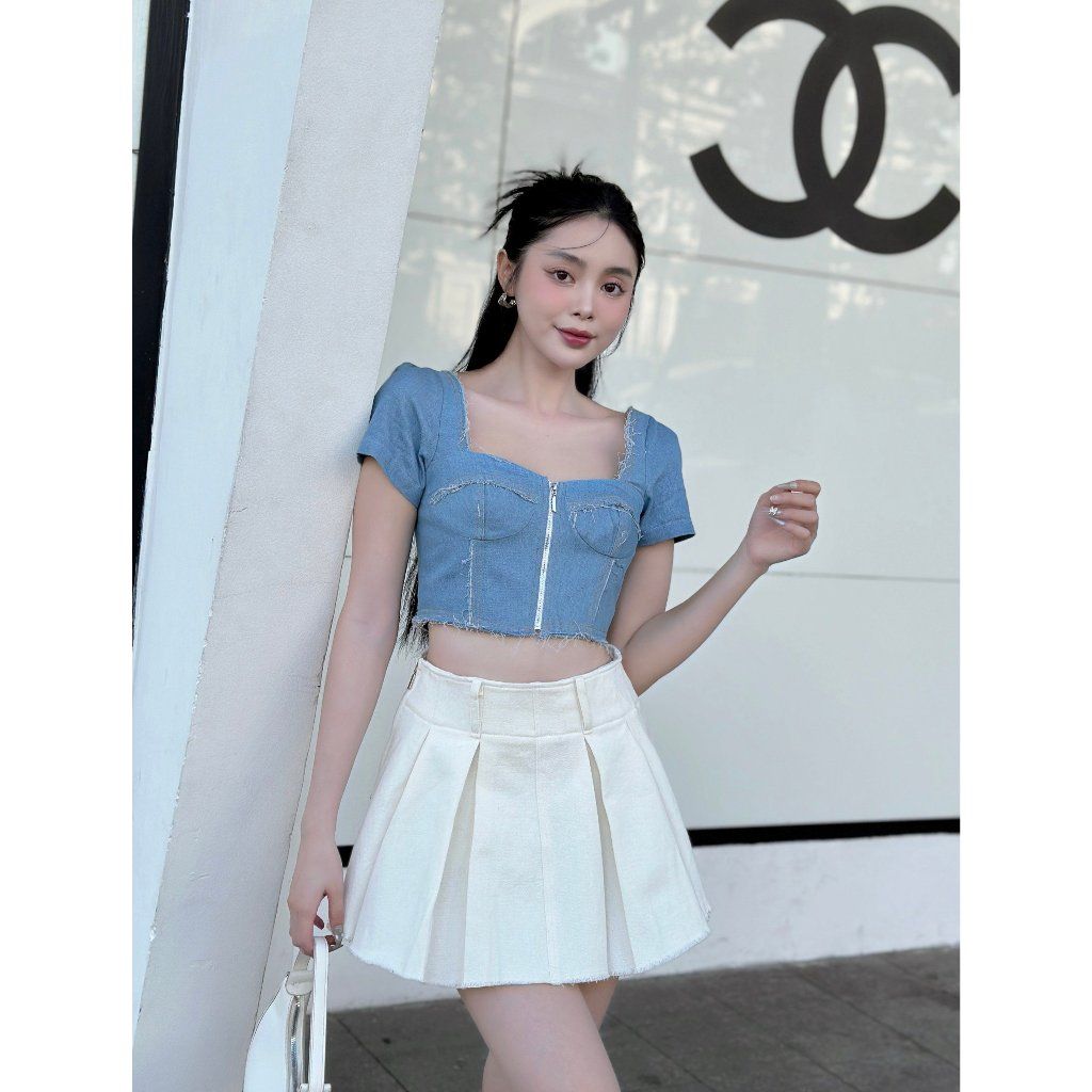 Áo Kiểu Croptop Nữ Denim Phối Khóa Kéo -  HEIDI TOP - GOÛT DE JUN