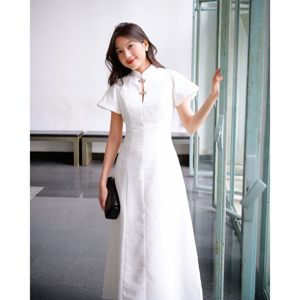 Đầm Dài Cổ Tàu Tay Ngắn Phồng Dáng Xòe Tiểu Thư Nữ Tính - NIÊN HOA - GOÛT DE JUN