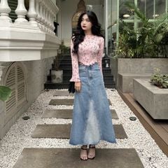 GOÛT DE JUN - Áo Voan Gân Kín Cổ Họa Tiết Hoa Tay Loe Viền Bèo- SHEERY TOP