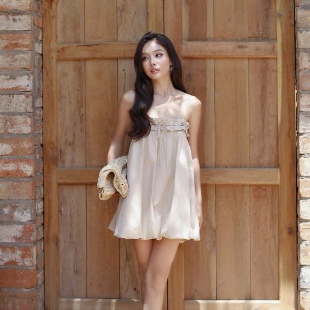 GOUT DE JUN Đầm Hai Dây Dáng Bí Babydoll ENWEY Váy Nữ Viền Bèo Kaki Cao Cấp Tiểu Thư FGDA2605158