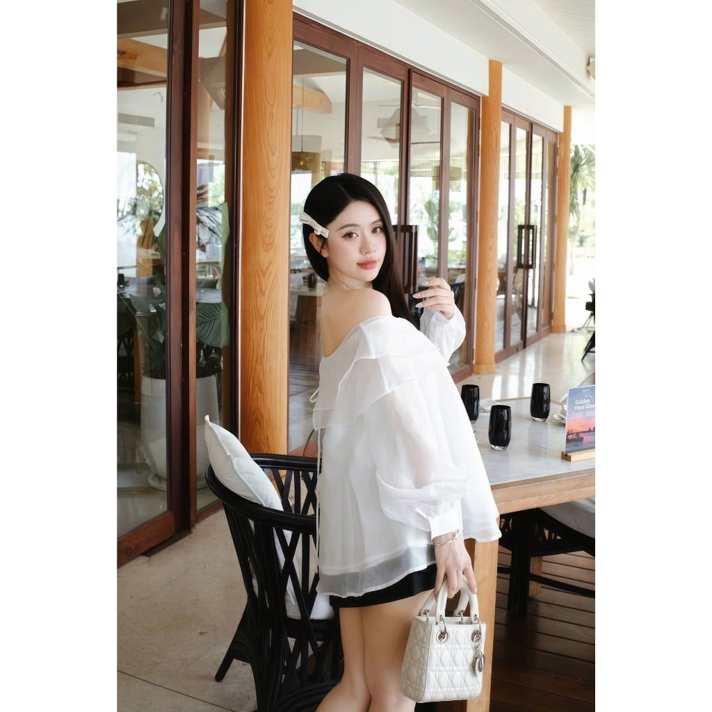 Áo Nữ Voan Trễ Vai Trơn Tay Dài Bèo Nữ Tính Thanh Lịch - FRAGI  TOP - GOÛT DE JUN